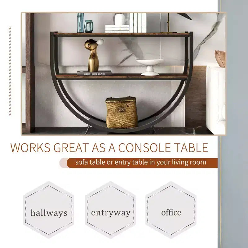 Console demi-lune industrielle, table de canapé à 3 étagères ouvertes (pour entrée/salon/bureau)