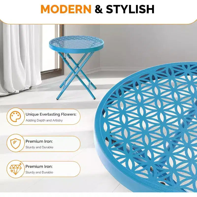VINGLI Table d'appoint pliante de patio, petite table d'extérieur avec motif floral durable et cadre en métal robuste en forme de X, bleu, 1 paquet