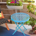 VINGLI Table d'appoint pliante de patio, petite table d'extérieur avec motif floral durable et cadre en métal robuste en forme de X, bleu, 1 paquet