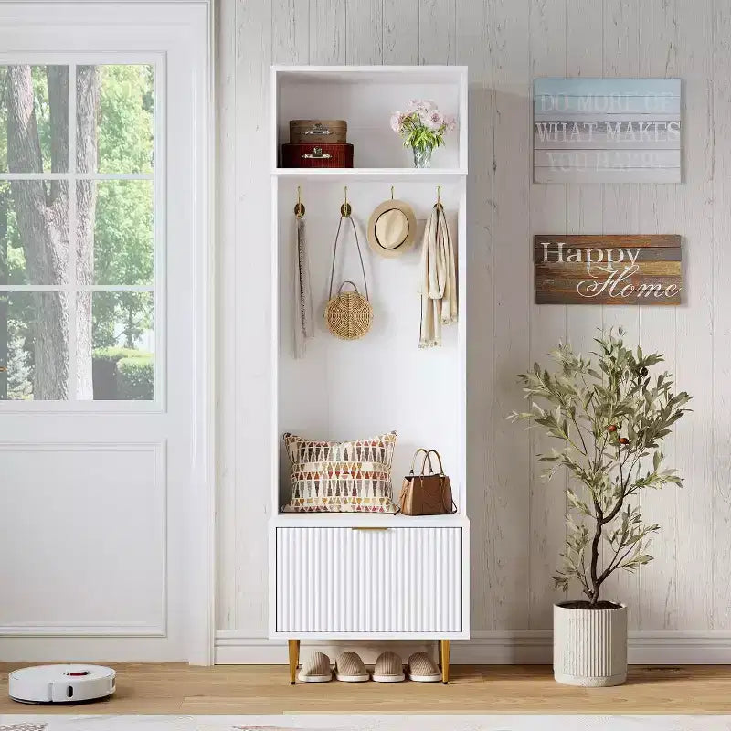 Porte-manteau moderne de 74 po avec banc et rangement, organisateur d'entrée avec 4 crochets dorés, armoire à chaussures pour salon, porte-manteau avec pieds en métal