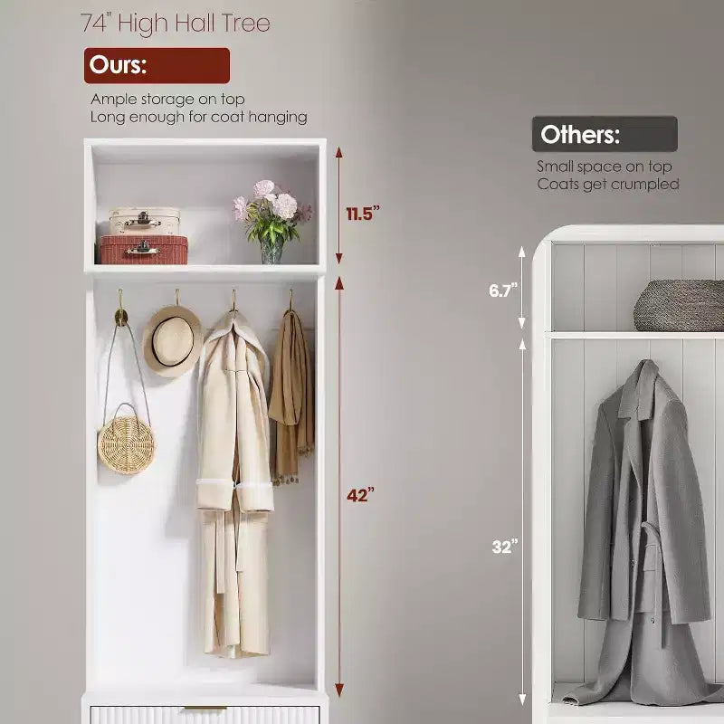Porte-manteau moderne de 74 po avec banc et rangement, organisateur d'entrée avec 4 crochets dorés, armoire à chaussures pour salon, porte-manteau avec pieds en métal