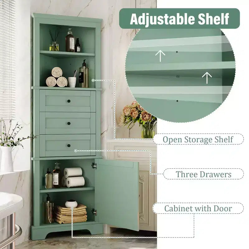 Armoire haute triangulaire noire avec 3 tiroirs et étagères réglables pour salle de bain, cuisine ou salon