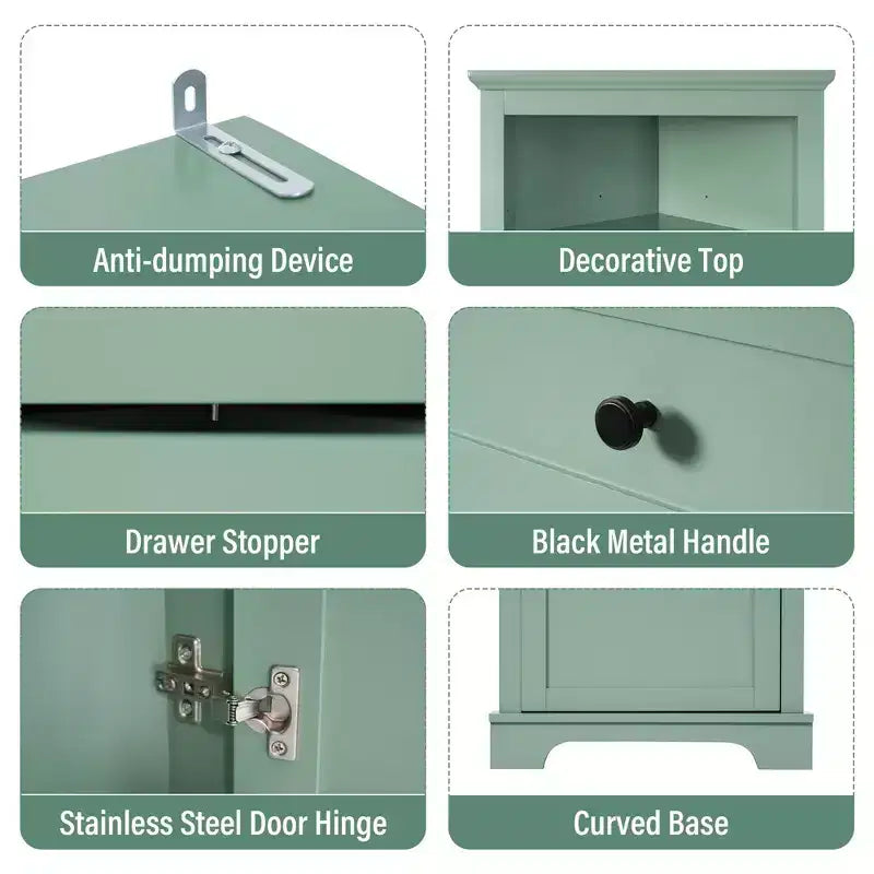 Armoire haute triangulaire noire avec 3 tiroirs et étagères réglables pour salle de bain, cuisine ou salon