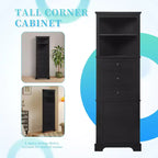 Armoire haute triangulaire noire avec 3 tiroirs et étagères réglables pour salle de bain, cuisine ou salon