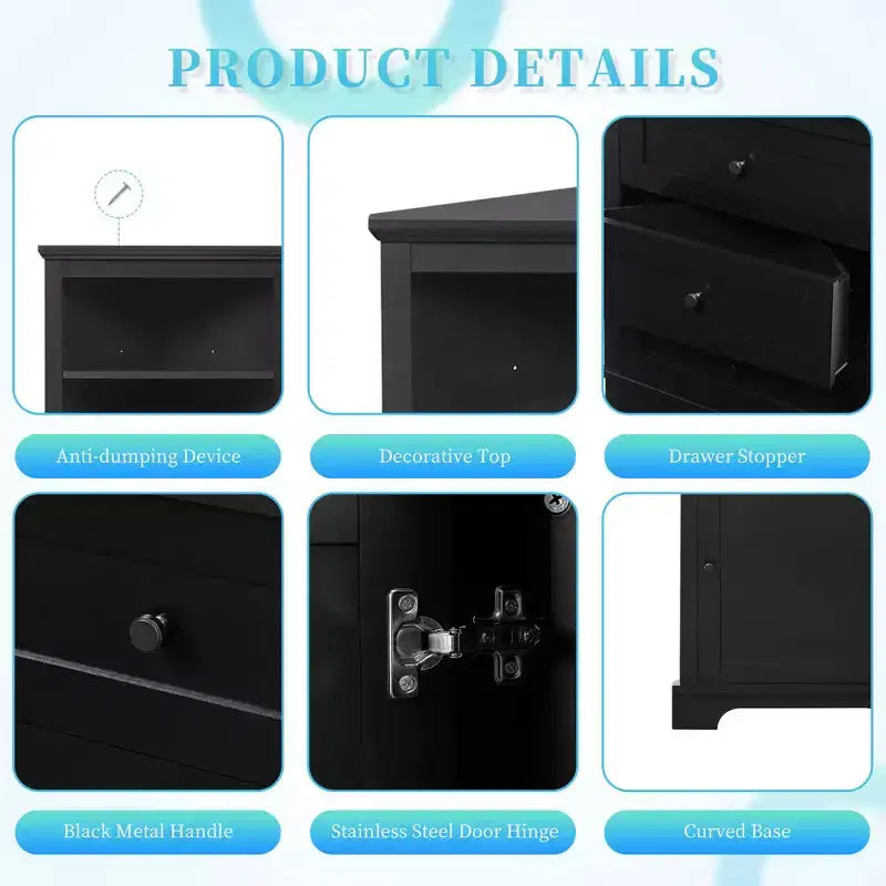 Armoire haute triangulaire noire avec 3 tiroirs et étagères réglables pour salle de bain, cuisine ou salon