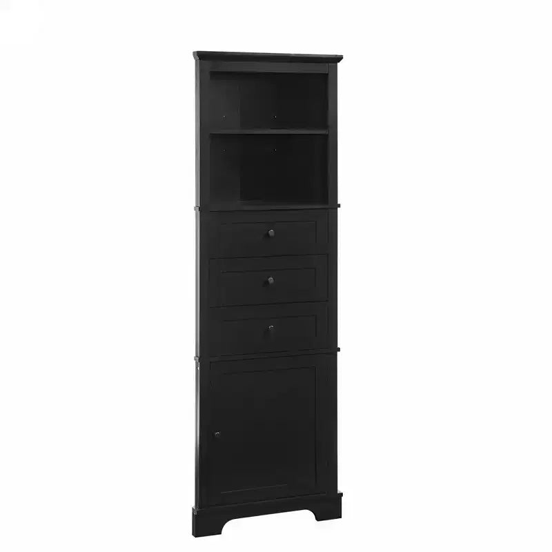 Armoire haute triangulaire noire avec 3 tiroirs et étagères réglables pour salle de bain, cuisine ou salon