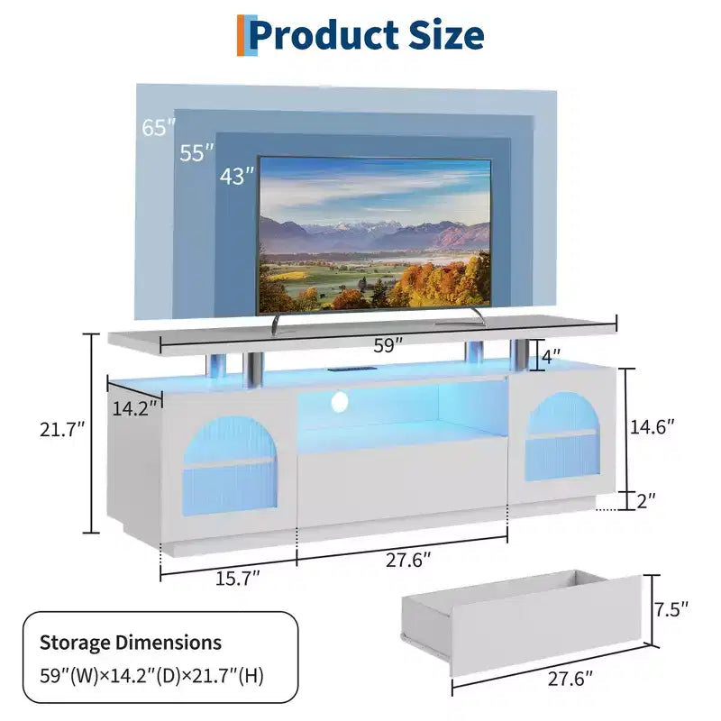Meuble TV avec prises électriques et éclairage LED, unité multimédia dotée de grands tiroirs et d'étagères réglables, adapté au salon.