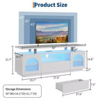 Meuble TV avec prises électriques et éclairage LED, unité multimédia dotée de grands tiroirs et d'étagères réglables, adapté au salon.