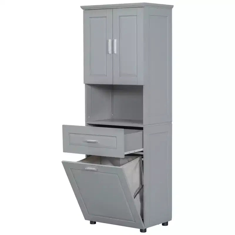 Meuble de salle de bain haut et étroit avec panier à linge, 2 portes et 1 tiroir, pour salle de bain, buanderie ou salon