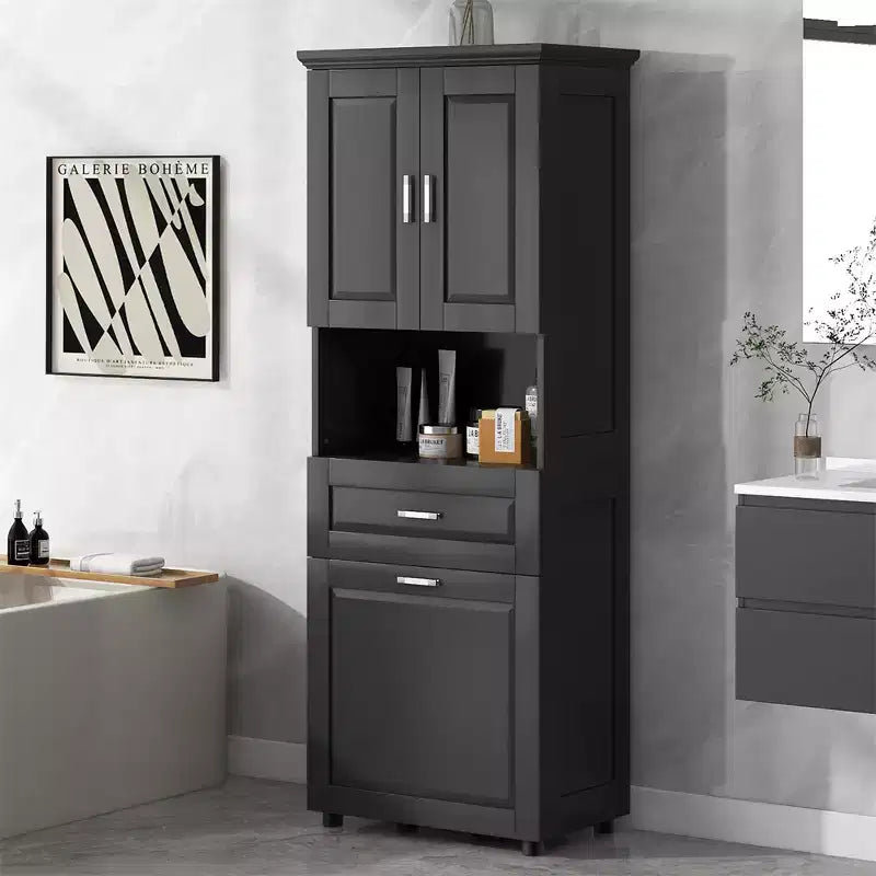 Meuble de salle de bain haut et étroit avec panier à linge, 2 portes et 1 tiroir, pour salle de bain, buanderie ou salon