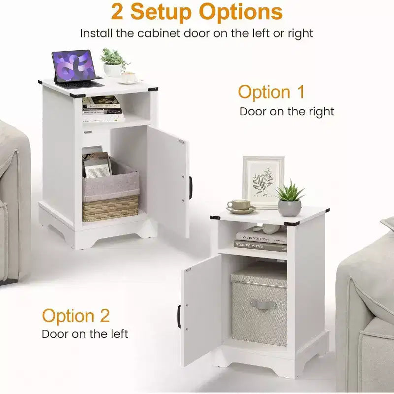Heynemo Table de chevet haute de ferme avec station de recharge, Table d'appoint blanche avec rangement, Grande table de chevet rustique en bois pour chambre à coucher, bureau à domicile