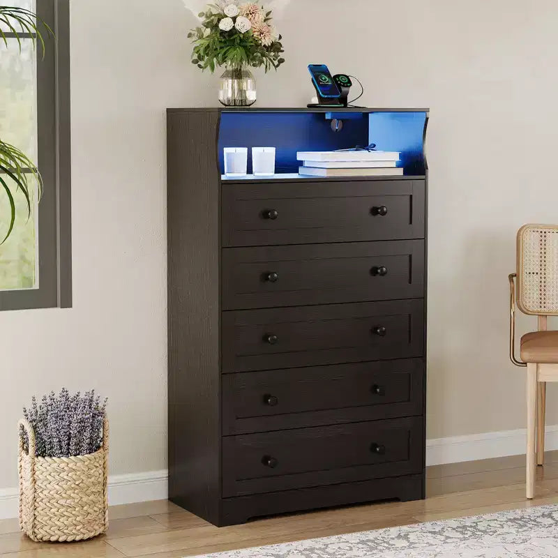 COZONY Commode haute à 5 tiroirs avec étagère d'exposition, meuble de rangement moderne en bois pour chambre à coucher, placard, salon, couloir