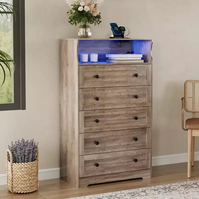 COZONY Commode haute à 5 tiroirs avec étagère d'exposition, meuble de rangement moderne en bois pour chambre à coucher, placard, salon, couloir