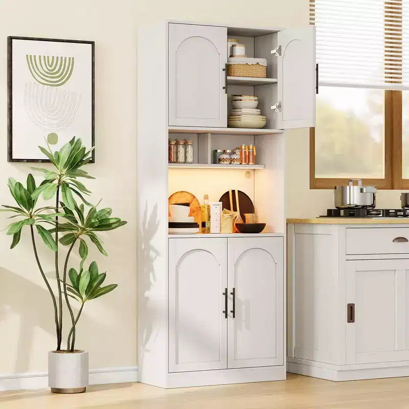 Meuble de rangement haut de cuisine avec bar, support pour micro-ondes, éclairage LED et placard de salle à manger,