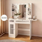 La coiffeuse blanche Dyonery est équipée d'un miroir et d'une lampe de bureau, et dispose d'un port de chargement USB. Elle comporte des armoires et des tiroirs.