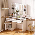 La coiffeuse blanche Dyonery est équipée d'un miroir et d'une lampe de bureau, et dispose d'un port de chargement USB. Elle comporte des armoires et des tiroirs.