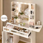 La coiffeuse blanche Dyonery est équipée d'un miroir et d'une lampe de bureau, et dispose d'un port de chargement USB. Elle comporte des armoires et des tiroirs.
