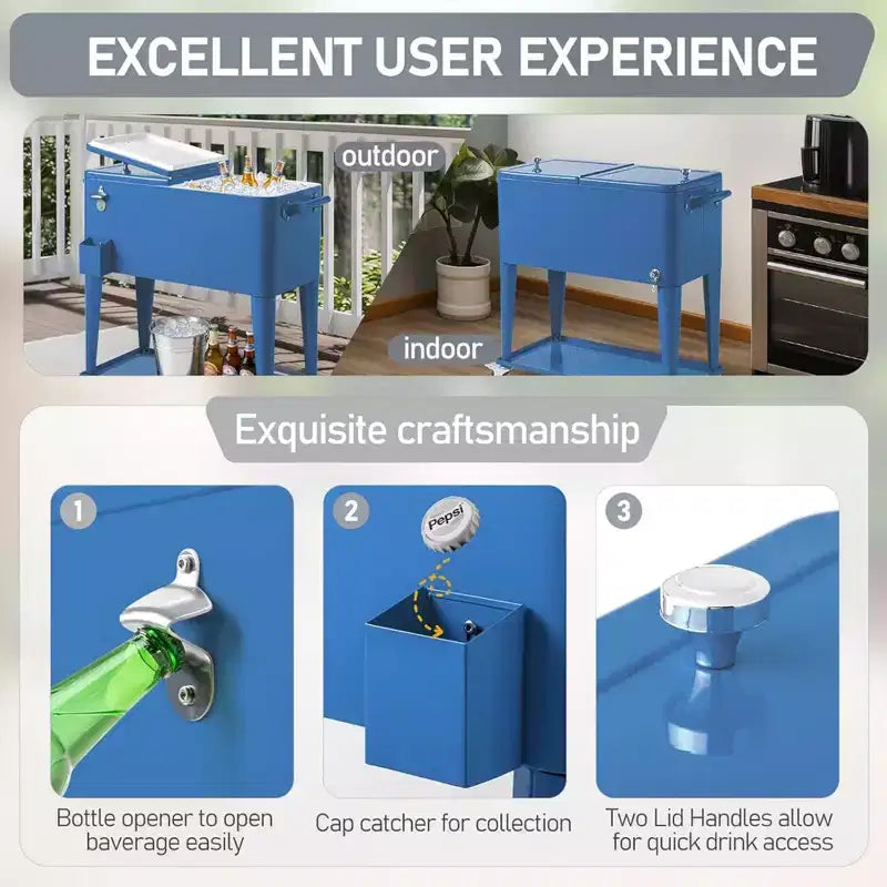 NAYSAYE Glacière à roulettes 80 Litres, Bar Portable avec Collecteur de Gouttes, Plateau de Rangement Inférieur pour Fête sur la Terrasse, Barbecue, Plage, Bleu, 34.3*15.2*35.8