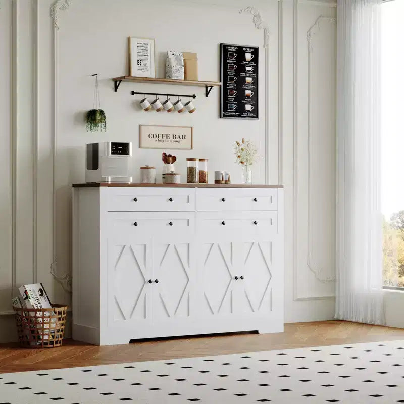 Grand buffet de 140 cm avec rangement, 4 tiroirs et 4 portes, meuble de rangement de cuisine avec étagère réglable, bar à café en bois pour couloir