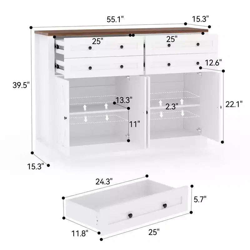 Grand buffet de 140 cm avec rangement, 4 tiroirs et 4 portes, meuble de rangement de cuisine avec étagère réglable, bar à café en bois pour couloir