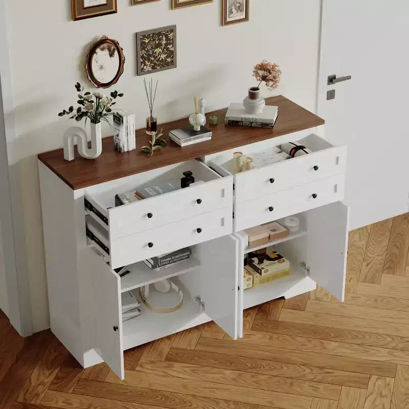 Grand buffet de 140 cm avec rangement, 4 tiroirs et 4 portes, meuble de rangement de cuisine avec étagère réglable, bar à café en bois pour couloir