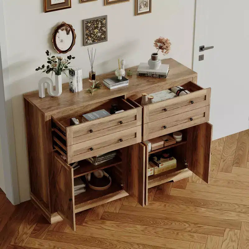 Grand buffet de 140 cm avec rangement, 4 tiroirs et 4 portes, meuble de rangement de cuisine avec étagère réglable, bar à café en bois pour couloir