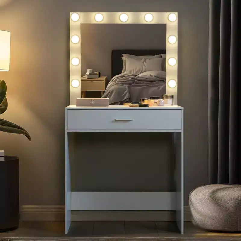 Coiffeuse avec miroir et lumières, table de maquillage avec grand tiroir, miroir LED 3 modes d'éclairage réglables, table de maquillage