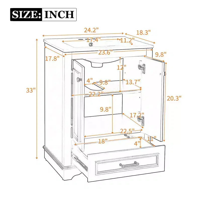 Meuble-lavabo de salle de bain moderne 24 pouces, meuble sous-vasque à lavabo simple avec 2 portes et 1 tiroir, étagères réglables