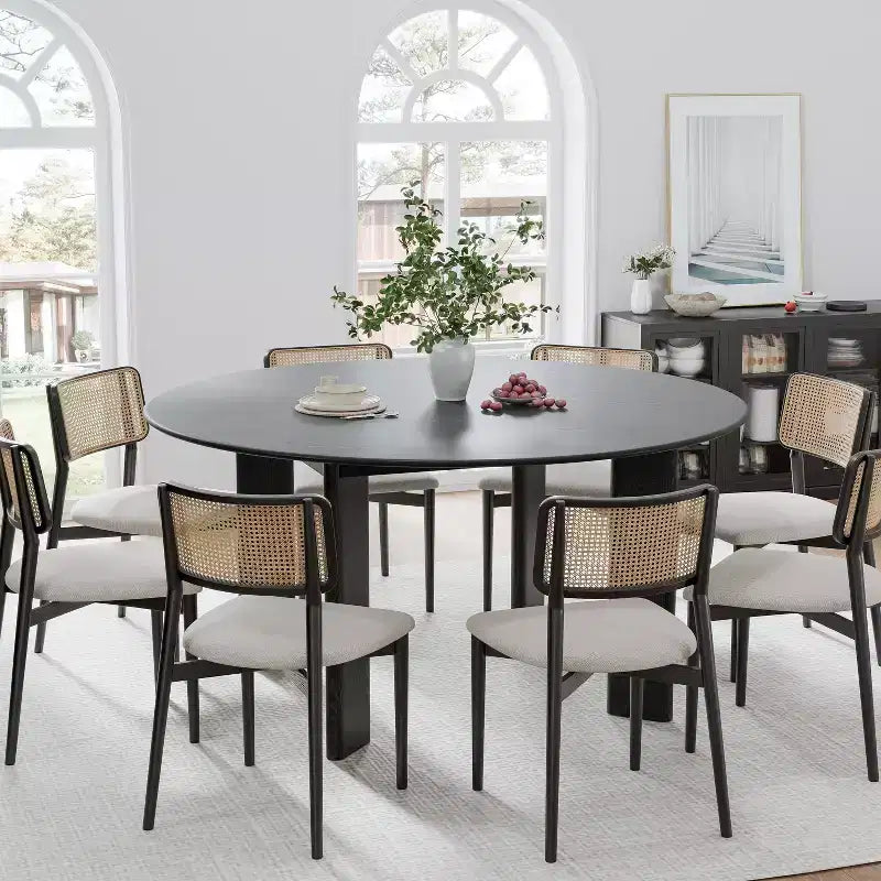 PexFix 59 Table à manger ronde moderne pour 6-8 personnes avec plateau en bois dense et base stable, table à manger en bois pour cuisine, salle à manger, noir