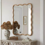 Miroir décoratif mural PexFix 30 x 40 en bois massif rectangulaire ondulé style ferme moderne pour chambre à coucher, salle de bain, salon, entrée, bois naturel