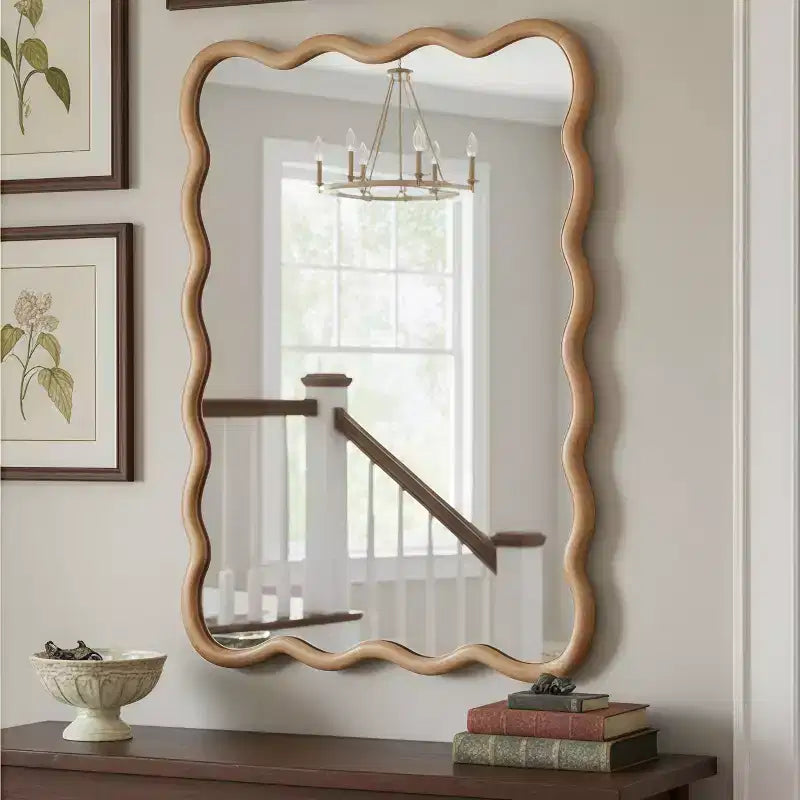 Miroir décoratif mural PexFix 30 x 40 en bois massif rectangulaire ondulé style ferme moderne pour chambre à coucher, salle de bain, salon, entrée, bois naturel