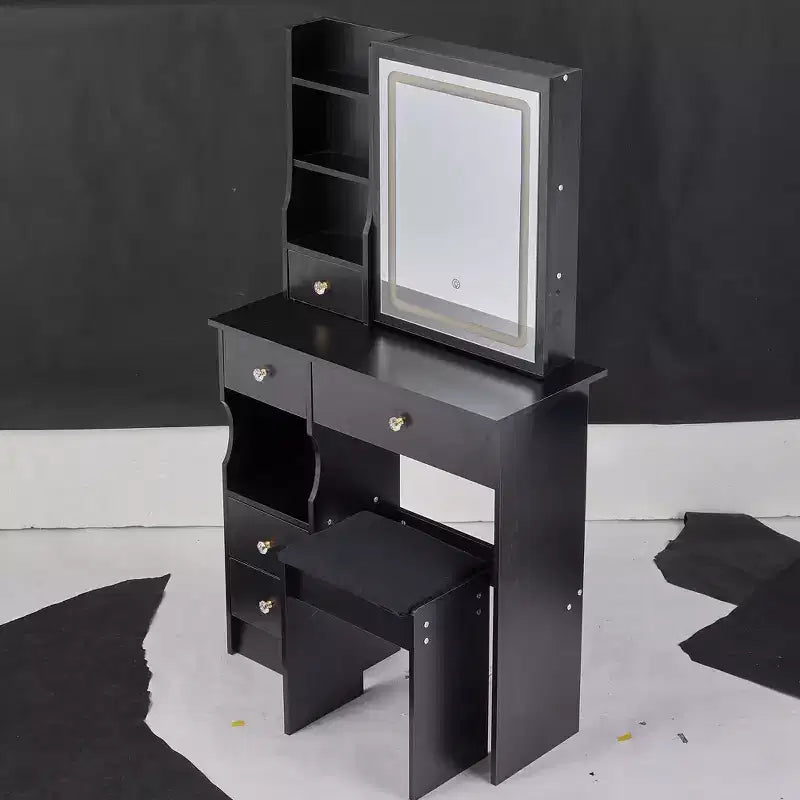 Coiffeuse moderne avec miroir LED coulissant, éclairage à trois modes, tabouret et rangements multi-niveaux pour petits espaces