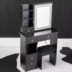 Coiffeuse moderne avec miroir LED coulissant, éclairage à trois modes, tabouret et rangements multi-niveaux pour petits espaces