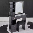 Coiffeuse moderne avec miroir LED coulissant, éclairage à trois modes, tabouret et rangements multi-niveaux pour petits espaces
