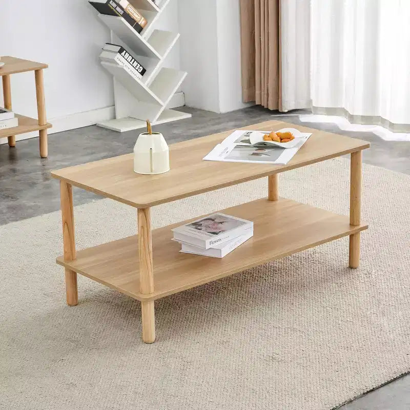 Modern 2-Tier Rectangular Coffee Table with Open Storage Shelf and Rounded Solid Wood Legs, Sofa Table for Living Room, Office, or Reception Area