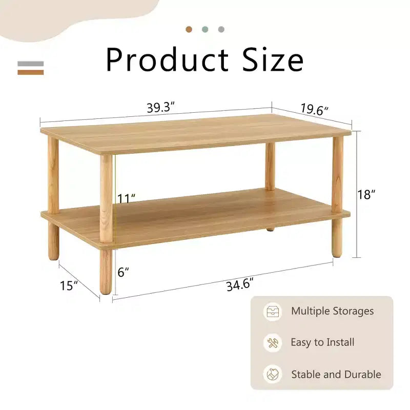 Table basse rectangulaire moderne à 2 niveaux avec étagère de rangement ouverte et pieds ronds en bois massif, table de canapé pour salon, bureau ou hall d'accueil