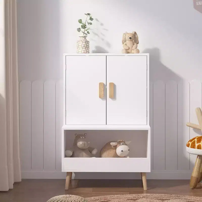 Meuble de rangement pour jouets Whisen Kids avec portes et étagère ouverte, organisateur moderne avec pieds en bois naturel - Blanc