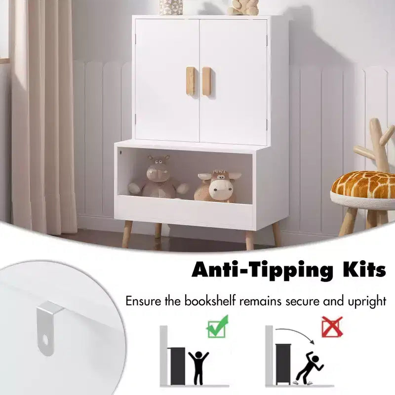 Meuble de rangement pour jouets Whisen Kids avec portes et étagère ouverte, organisateur moderne avec pieds en bois naturel - Blanc