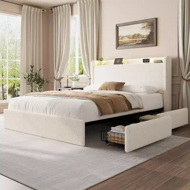 Platform Bed Frame, 4 Storage Drawers and Headboard, Wooden Slats Support, No Box Spring Needed, Easy Assembly, Noise-Free