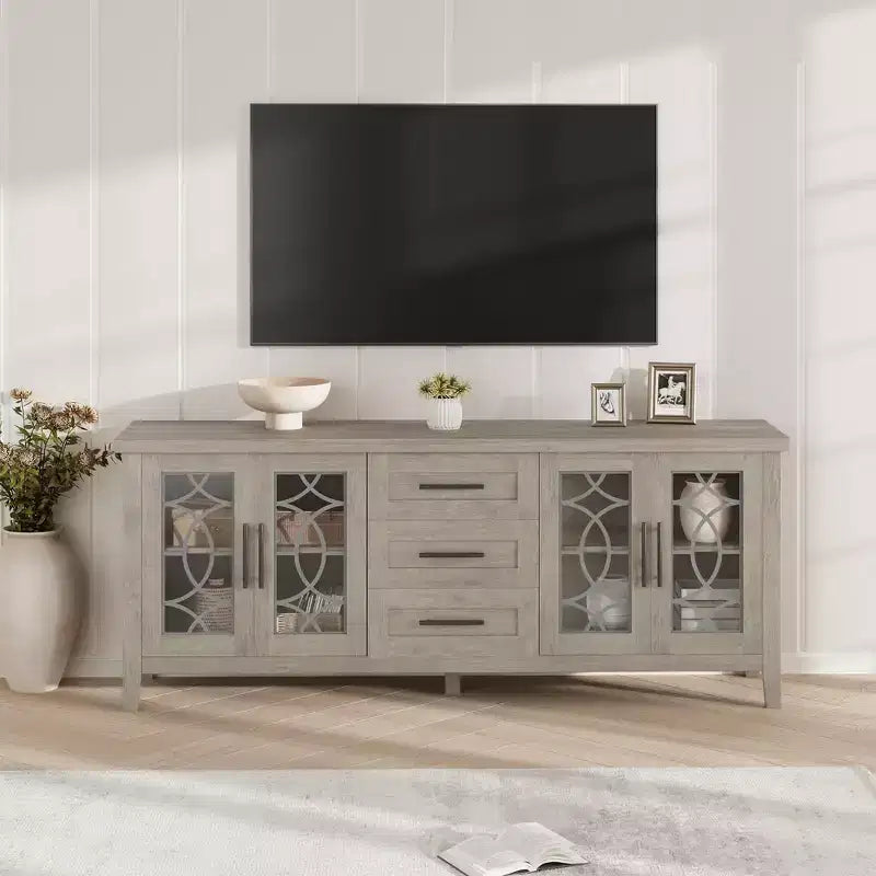 Meuble TV de Ferme pour TV 70 Pouces, Meuble TV Rétro avec 3 Tiroirs et 2 Portes de Rangement, Table Console TV en Bois pour Salon