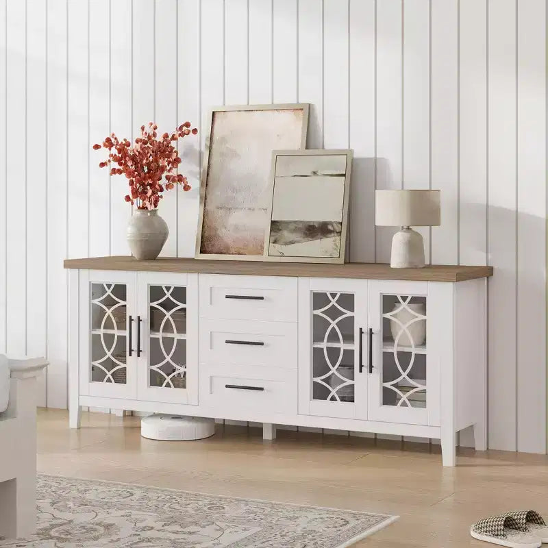 Farmhouse TV Stand for 70 Inch TV, Mid Century Entertainment Center with 3 Drawer & 2 Storage Doors, Wooden Media TV Console Table for Living Room