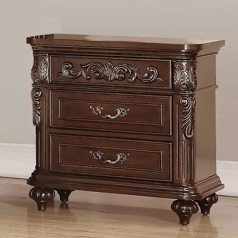 Table de chevet 1 tiroir, meuble de chambre en noyer antique traditionnel, placage de cerisier, 2 tiroirs à poignée, table de chevet