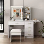 GDFStudio Raya Modern 43.3'' Mirror Vanity Desk with Lights, 1 Chair, 5 Drawers and Open Shelves