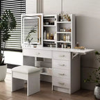 GDFStudio Raya Coiffeuse Moderne 109,9 cm avec Miroir Illuminé, 1 Chaise, 5 Tiroirs et Étagères Ouvertes