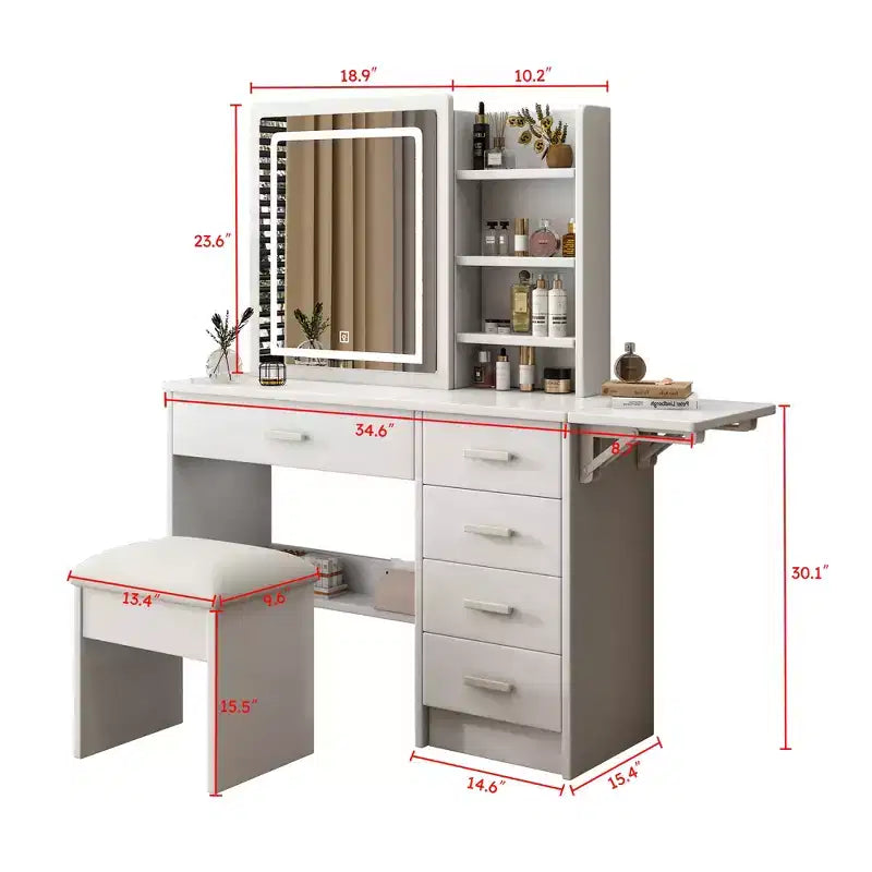 GDFStudio Raya Coiffeuse Moderne 109,9 cm avec Miroir Illuminé, 1 Chaise, 5 Tiroirs et Étagères Ouvertes