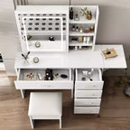 GDFStudio Raya Coiffeuse Moderne 109,9 cm avec Miroir Illuminé, 1 Chaise, 5 Tiroirs et Étagères Ouvertes