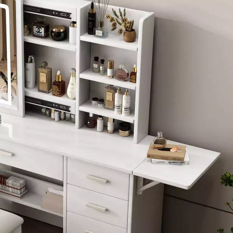GDFStudio Raya Coiffeuse Moderne 109,9 cm avec Miroir Illuminé, 1 Chaise, 5 Tiroirs et Étagères Ouvertes