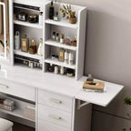 GDFStudio Raya Coiffeuse Moderne 109,9 cm avec Miroir Illuminé, 1 Chaise, 5 Tiroirs et Étagères Ouvertes