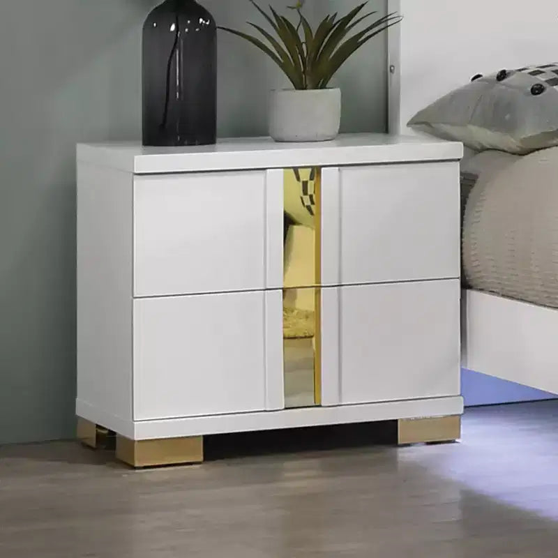Table de chevet 1 pièce, bordure blanche et dorée, pieds en métal à consoles, bordure en acrylique, mobilier de chambre contemporain