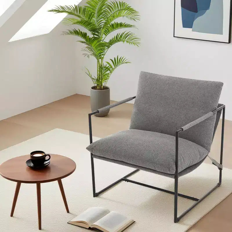 Fauteuil d'appoint Sling avec cadre en métal, fauteuil de salon moderne et confortable, fauteuil de lecture rembourré avec coussin en mousse déchiquetée, fauteuil surdimensionné et confortable